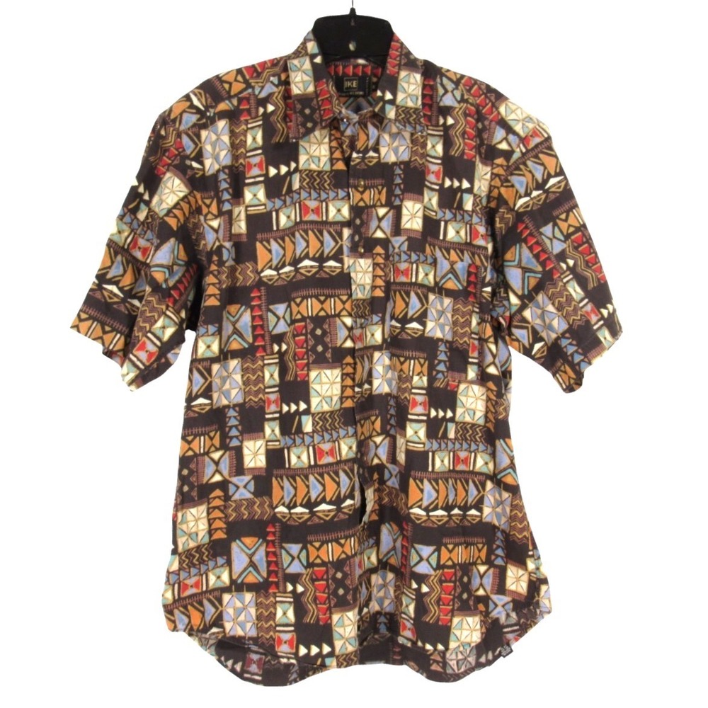IKE BEHAR Dark Brown/Multi TRIBAL PRINT Twill 1-POCKET Button-Up SHIRT Sz M